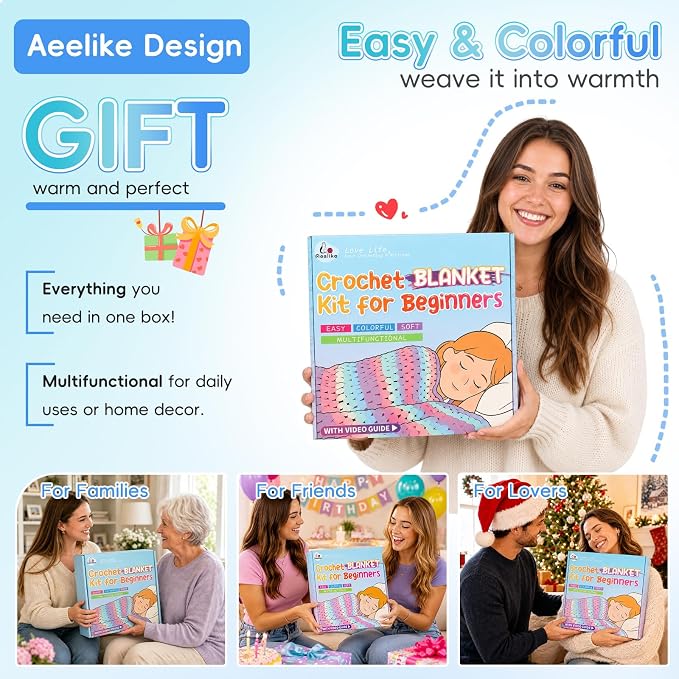 Aeelike Crochet Blanket Kit for Beginners, Easy Blanket Crochet Kits, Blue