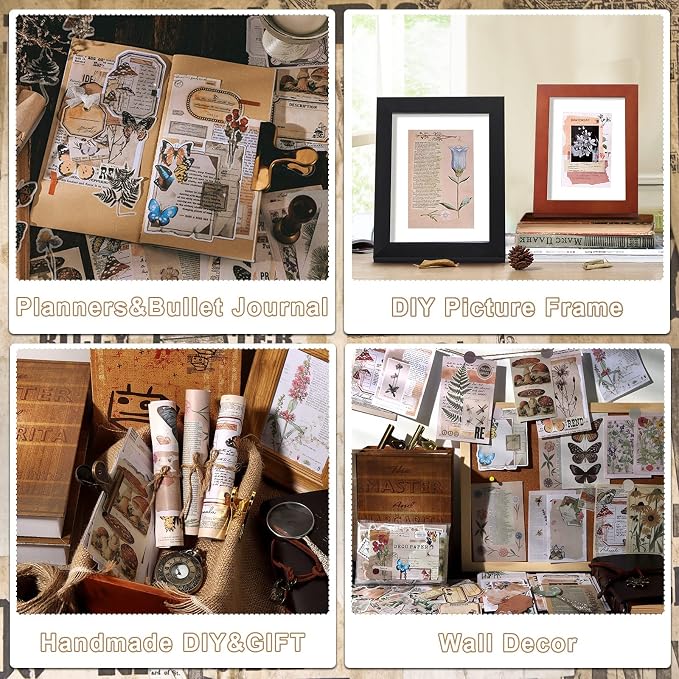 Draupnir 200pcs Vintage Junk Journal Supplies,Scrapbook Supplies Scrapbooking Paper and Stickers Ephemera For Art Aesthetic Journaling Kit Collage(Nature)