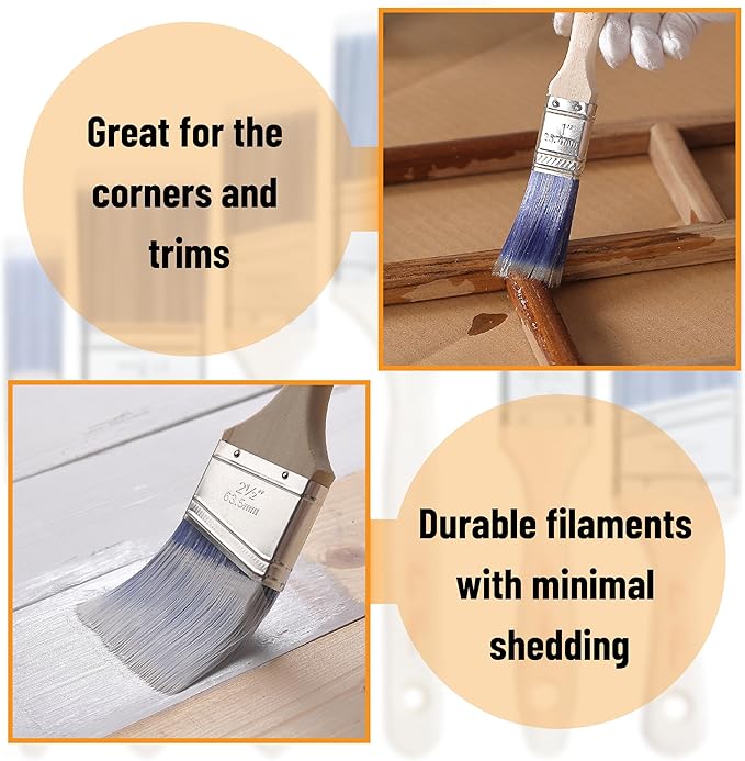 Bates- Paint Brushes Set, 5 Pack, 1"/1.5"/2"/2.5", Flat & Angled Paint Brushes for Walls, Treated Wood Handle, Stainless Steel Ferrule