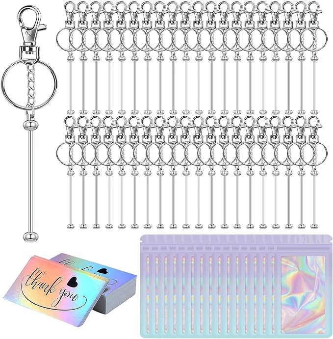 42/84/126 Pcs Beadable Keychain Bars Bulk Blank DIY Beaded Keychain Making Supplies with Bag Thank You Card