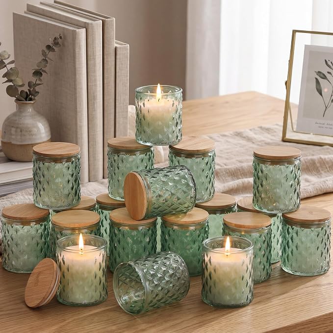 Acellegic 20 Pack Green Candle Jars for Making Candles 7 oz Empty Glass Jars with Bamboo Lids Cylindrical Candle Containers Bulk for DIY, Table Decor, Wedding Party