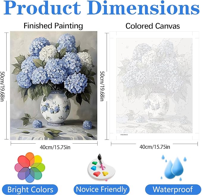 Paint by Numbers Kit for Adults, Blue Hydrangea Paint by Numbers Kits | Easy Beautiful Flowers Adult Paint by Number Kits on Canvas, DIY Acrylic Oil Painting by Numbers for Home Decor 16X20 inch