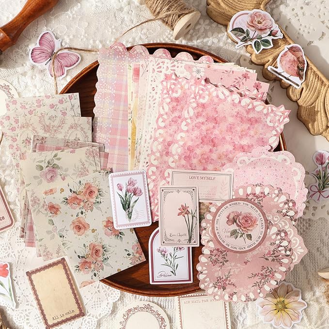 Scrapbook Supplies Kit – 100Pcs Vintage Floral Scrapbook Paper & Junk Journal Stickers, Journaling Supplies for Bullet Journaling, Retro Crafts, Mixed Media, Planner, Collage Card Album (Pink)