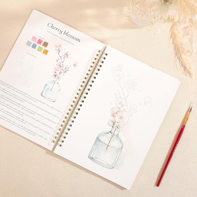 SKYDUE Watercolor Workbook for Beginners with 24 Paint Colors | 15 Floral & Botanical Painting, Step-by-Step Watercolor Book for Adults & Teen, Thick Watercolor Paper, Easy Relaxing Art Kit