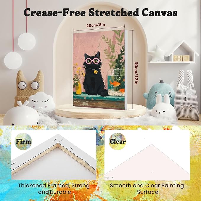 4 Pack Cat Paint by Numbers for Adults with Framed Canvas - Wooden Easel | Cat Paint by Number on Canvas, DIY Black Cat Acrylic Oil Painting Kits with Brushes for Home Wall Decor (8x12 inch)