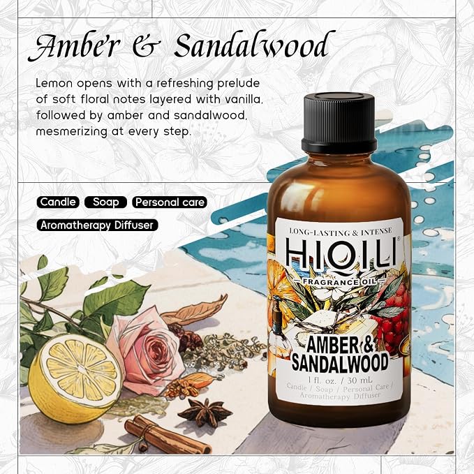 HIQILI Amber & Sandalwood Fragrance Oil for Diffuser, Candle & Soap
