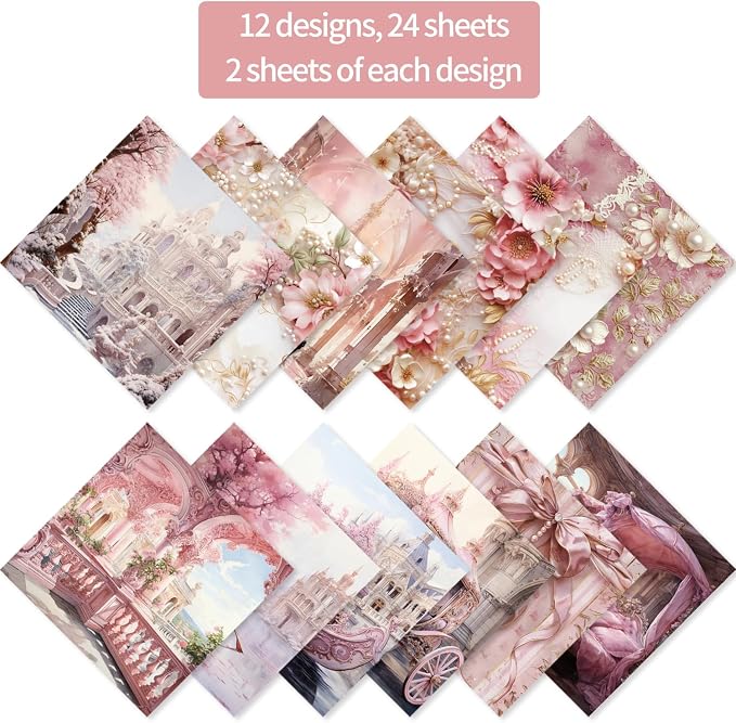 6x6" Cardstock Single Sided Scrapbooking,Craft Decorative Scrap Book Paper | 160gsm,24-Sheet 12Patterns Colored Paper,Junk Journal Supplies,Vivid Origami Papers DIY Craft Gift Wrapping Album.BaroquePink