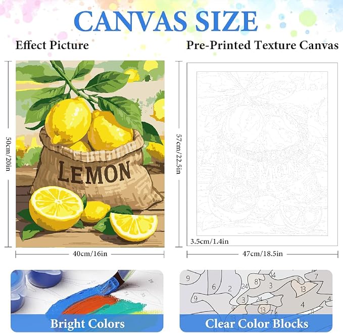 ZRIZQ Landscape Paint by Numbers Kit for Adults Beginner,Lemon,16x20 | Full set with wooden brushes,rolled canvas,rich paints.Calming activity.Beginner friendly.Just open and paint.