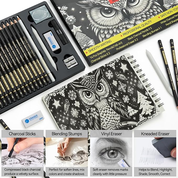 MARTCOLOR 26 Pcs Drawing Sketching Pencil Set, Graphite Pencils (14B-4H) | Charcoal Pencils, Charcoal Sticks, Blending Stump, Eraser, Sharpeners, Artist Pencils for Beginners & Pro Artists