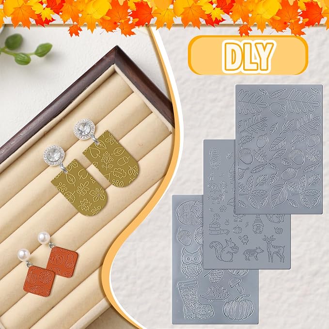 DoubleFill 12 Pcs Fall Polymer Clay Texture Sheets Set, Maple Leaves, Pumpkin Miniature Clay Molds Pine Cone Pattern Silicone Polymer Clay Molds for Fall Autumn Thanksgiving Jewelry Earrings Making