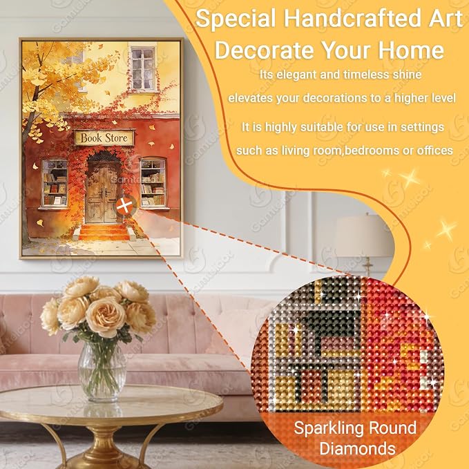 Gamteldot Bookstore Diamond Art Kits for Adults Beginner,Autumn Diamond Art 5D Full Drill DIY Diamond Dot,Diamond Painting with Complete Tools,Gem Art Crafts for Home Wall Decor Gift-12x16in