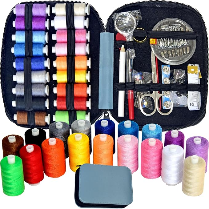 Sewing Kit with Case Portable Sewing Supplies for Home Traveler, Adults, Beginner, Emergency, Contains 18 Sewing Thread, Scissors, Needles, Measure etc,Medium Delft Blue
