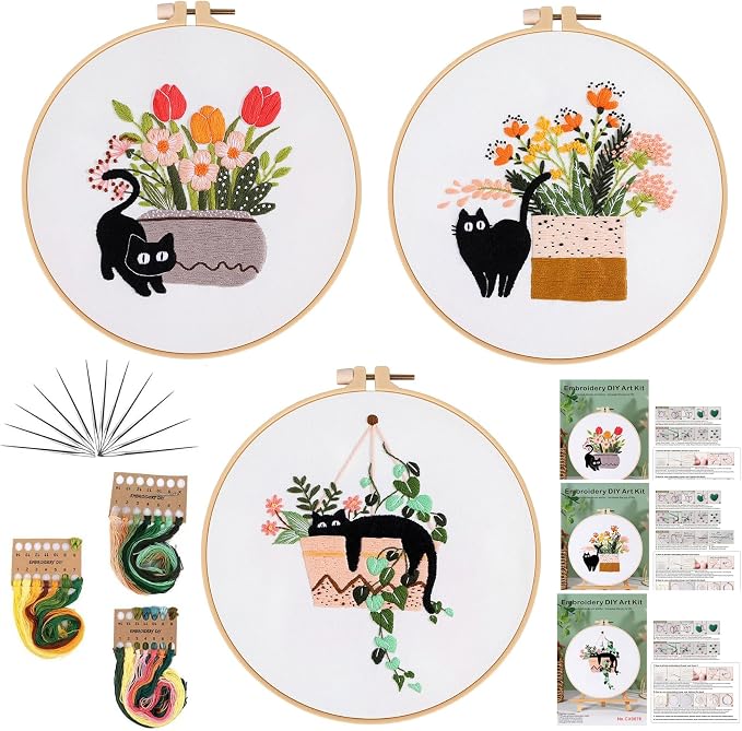 GLTAYLMY 3pcs Embroidery Kit for Beginners DIY Adult Beginner Embroidery Kits with Cat Pattern 1 Embroidery Hoops Needles Threads and Instructions