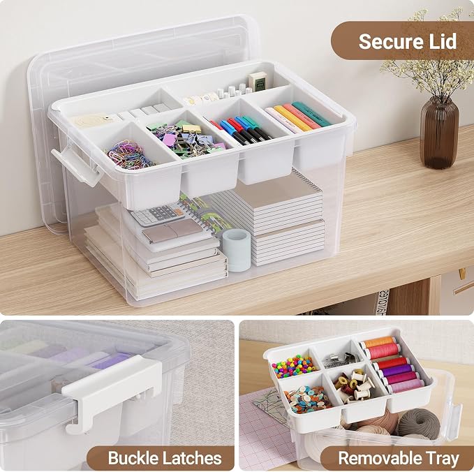 160Qt Stackable Storage Bins with Lids Trays Craft Box Organizers, 4Pack,WH