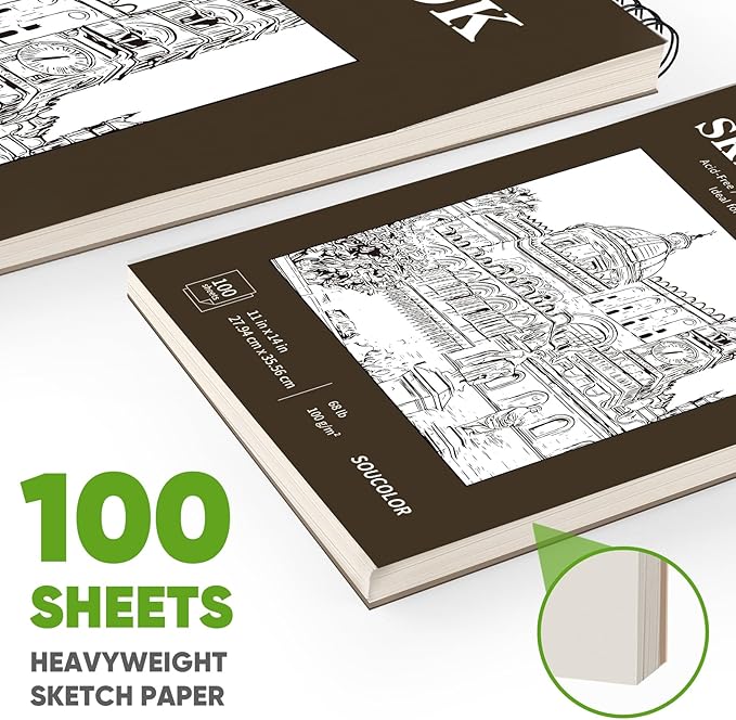 Soucolor 11"x14" Large Sketchbook,100 Sheets Thick Acid Free Sketch Pad | Spiral Bound Drawing Paper for Artists Students, Professional Art Supplies for Storyboard Urban Sketching Plein Air Painting