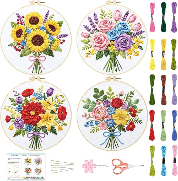 BEUNITONE 4pcs Embroidery Kit, Flower Stamped Embroidery Kits with Hoop, Thread & Needles, Colorful Bouquet Cross Stitch Kits Sewing Gifts for Adults and Beginners, DIY Craft for Relaxation