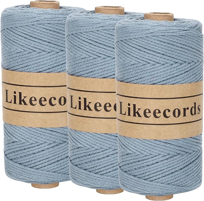 Likeecords 100% Cotton Crochet Yarn for Bag,3 Rolls/Pack 2mm x 510m,Macrame Cord,Chunky Yarn for Crocheting Handbag, Purse,Blankets Crafts Projects (Haze Blue)