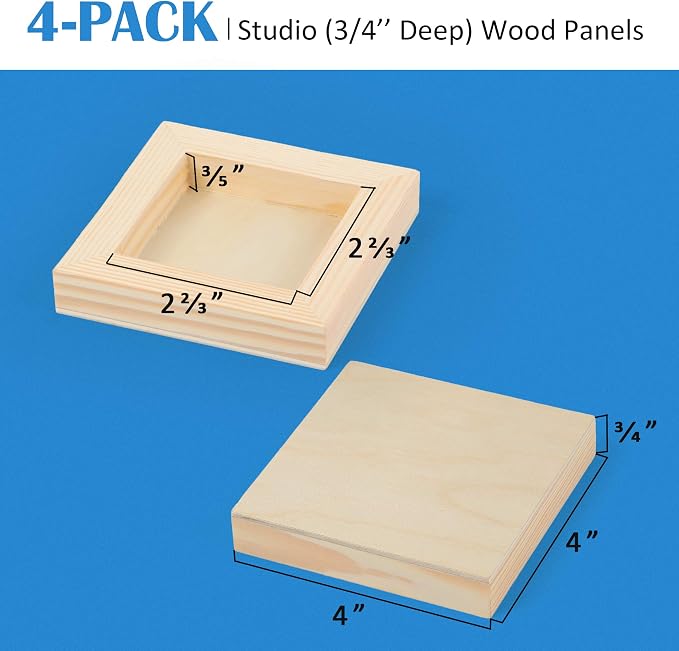 Falling in Art 4 Pack 4x4’’ Unfinished Birch Wood Panels Kit for Painting | Studio 3/4’’ Deep Wooden Canvas, Cradle Boards for Acrylic Pouring, Art, Crafts, Epoxy Resin, Laser Engraving Cutting
