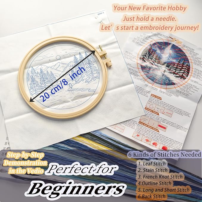 FONNUY Embroidery Kit for Beginners, Boho Nature Landscape Pre-Stamped Pattern Kits for Adults with Hoop, Easy to Follow Color Thread Needlework, 8'' Hoop (Winter Night)