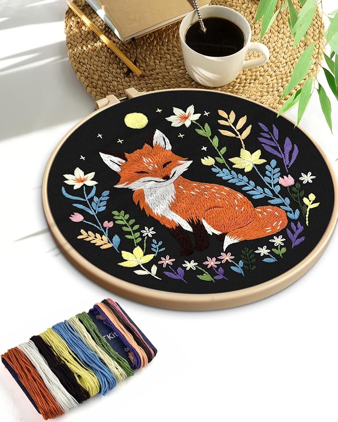 TINDTOP Embroidery Kit for Beginners Adult, Fox Embroidery Kit | Include Embroidery Cloth Hoops Threads for Craft Lover Hand Stitch with Embroidery Skill Techniques