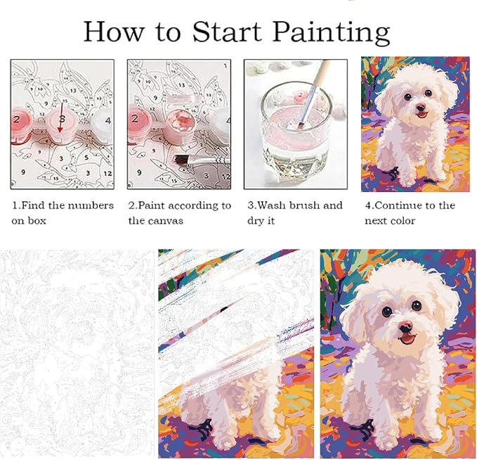 Dog Paint by Numbers Kit for Adults Beginner,Animal,16x20 | Full set with wooden brushes,rolled canvas,rich paints.Calming activity.Beginner friendly.Just open and paint.