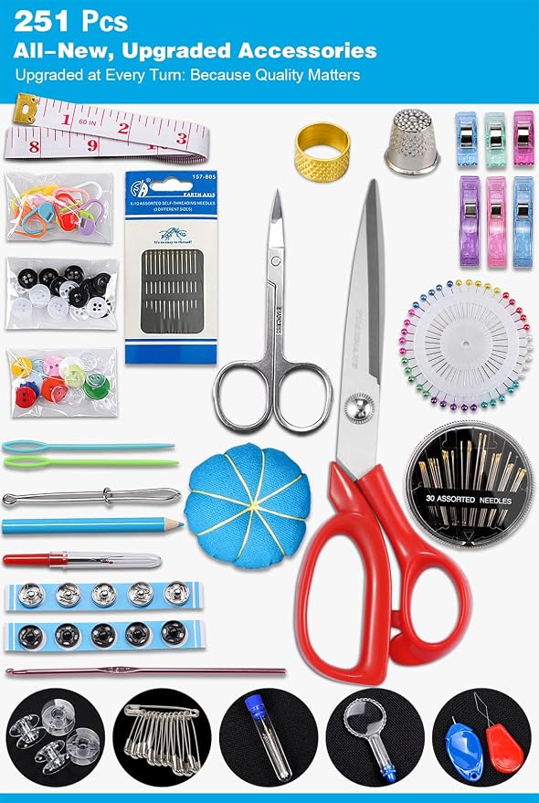 YUANHANG Large Sewing Kit for Adults: 2-Year Supply for Home Hand Mending | 251 Pcs Complete Needle Thread Kit - Heavy Duty Scissors - 45XL Thread - Oxford carrying case - Home Travel College Dorm