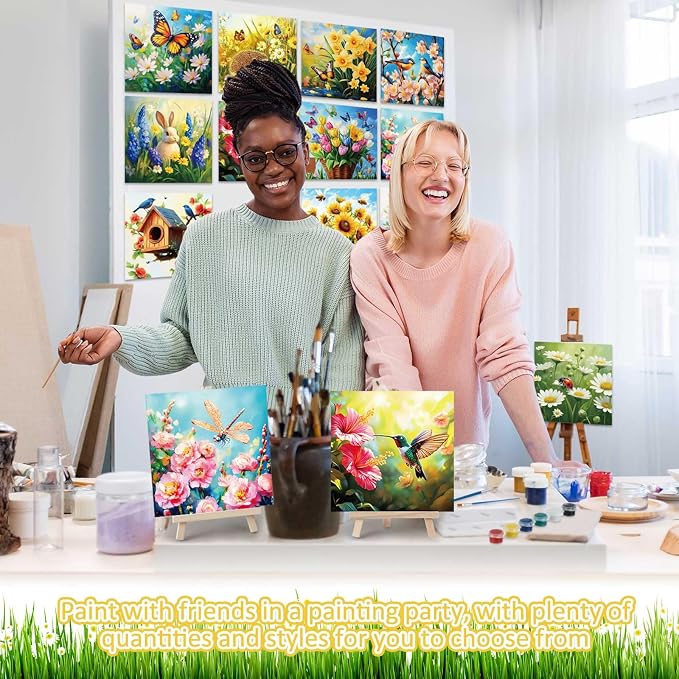 Tenceur 12 Sets Pre Drawn Canvas to Paint Adult Stretched Coloring Painting Canvas Panels with Design Easel and Brushes for Party Supplies Beginner Favor(Garden)