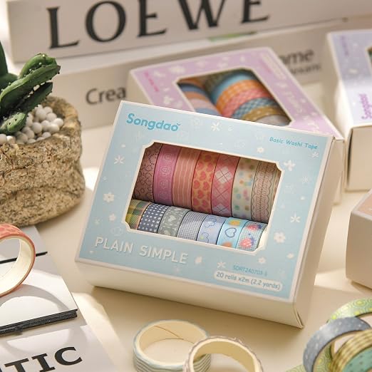 20 Rolls Basic Washi Tape Set Japanese Arts Adhesive Tapes Simple Patterns Decorative Masking Tape Sets for Craft, Kids, Scrapbook, DIY, Gift Wrapping (Style Three)