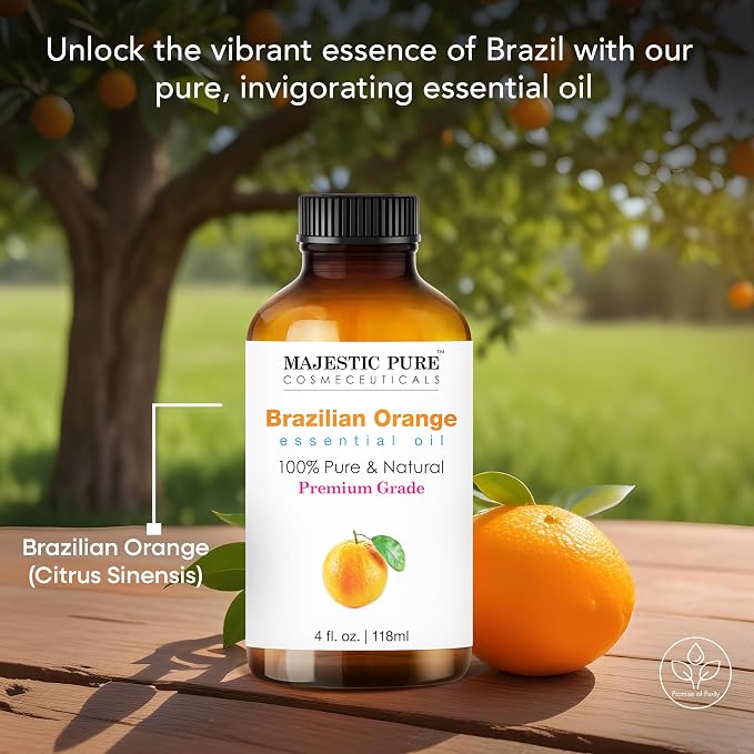Majestic Pure Brazillian Orange Essential Oil for Diffuser - 4 Fl Oz | 100% Pure and Natural - Essential Oils with Glass Dropper for Aromatherapy, Soap and Candle Making, Massage, Orange Oil