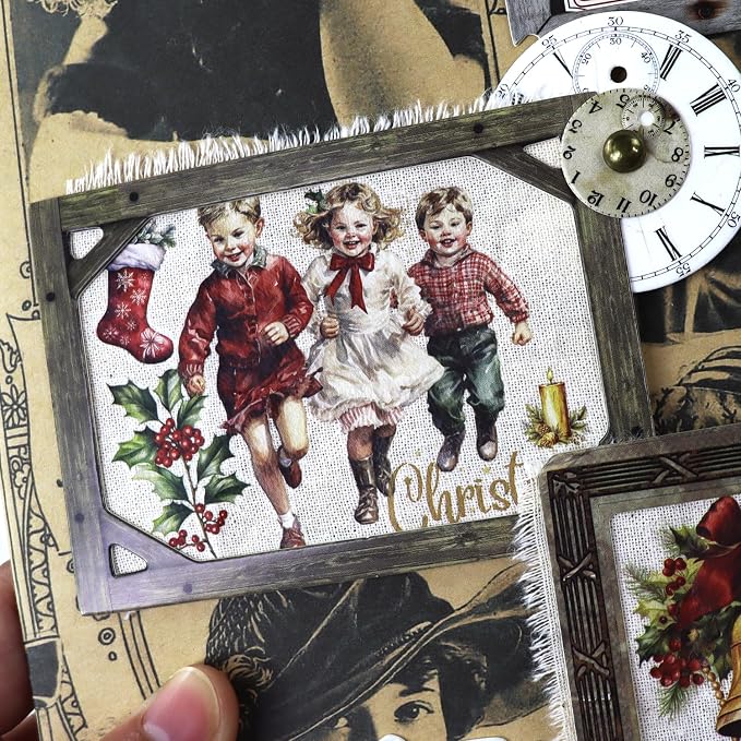 CATaireen Vintage Junk Journal Items Kit Pre Cut Paper Cards Cutout Cardstock Art Aesthetic Decor Hollow Out Craft Elements Small Embellishments Supplies for Adults Scrapbook Pack (Photo Frame Dark)