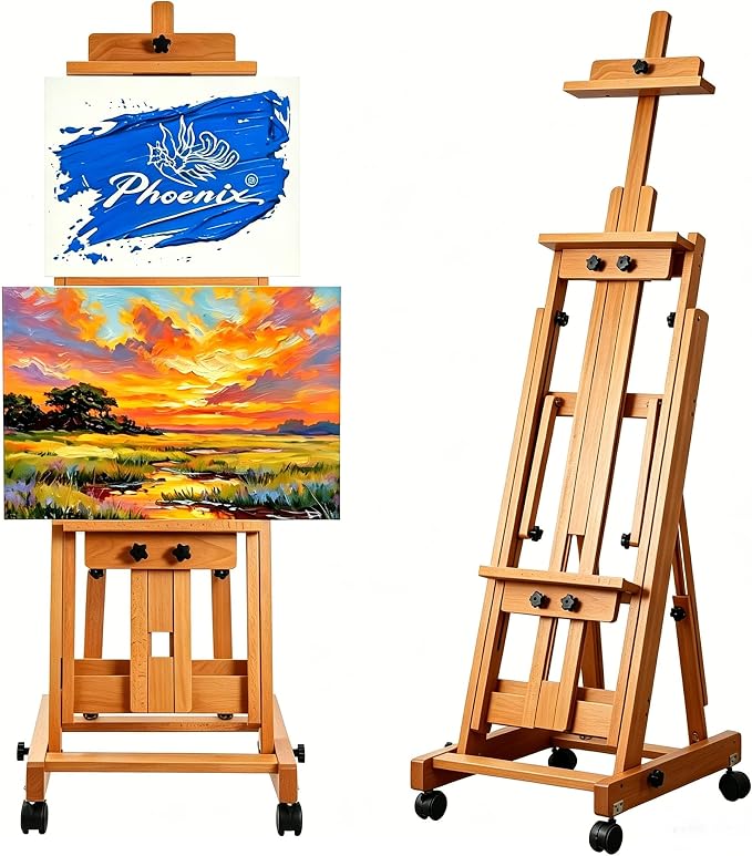 PHOENIX Versatile Studio H-Frame Easel - Solid Beech Wood with Locking Casters, Adjustable Angle & Height, Heavy Duty Canvas Holder with Storage Tray for Professional Artists - Light Walnut