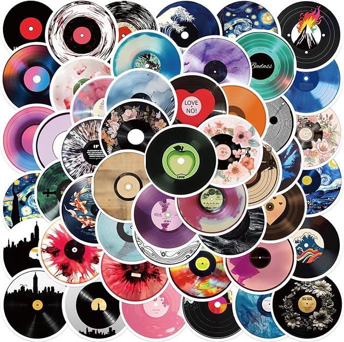 Music CD Stickers, 50 Pcs Vinyl Cartoon Record Album Sticker for Water Bottle Laptop Cars Guitar Skateboard Bumper Vintage Waterproof Music Stickers for Teens Adults (Colourful-F4)