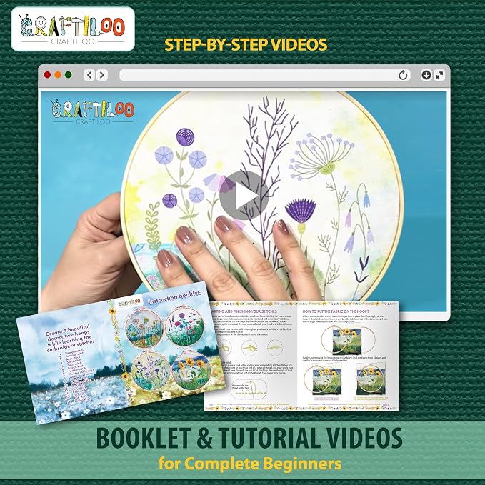 Embroidery Kit for Beginners Adults - 4 Floral Patterns, Learn 17 Stitches