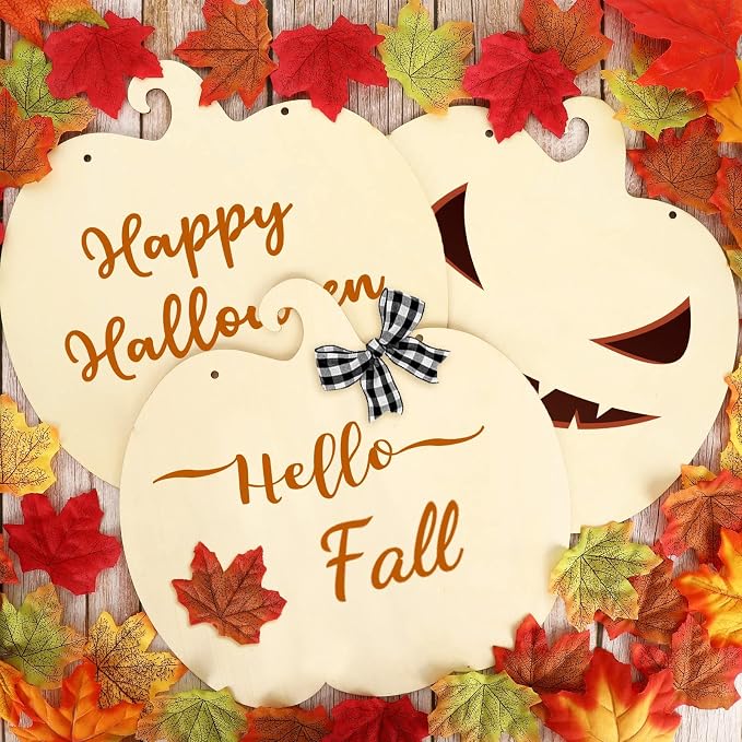 Whaline 5 Pcs Fall Pumpkin Unfinished Wood Cutout with 80 Pcs Fake Maple Leaves Ribbons 12 x 0.1 Inch Autumn Pumpkin Wooden Slices with Hemp Rope for Thanksgiving Halloween DIY Crafts Home Decor