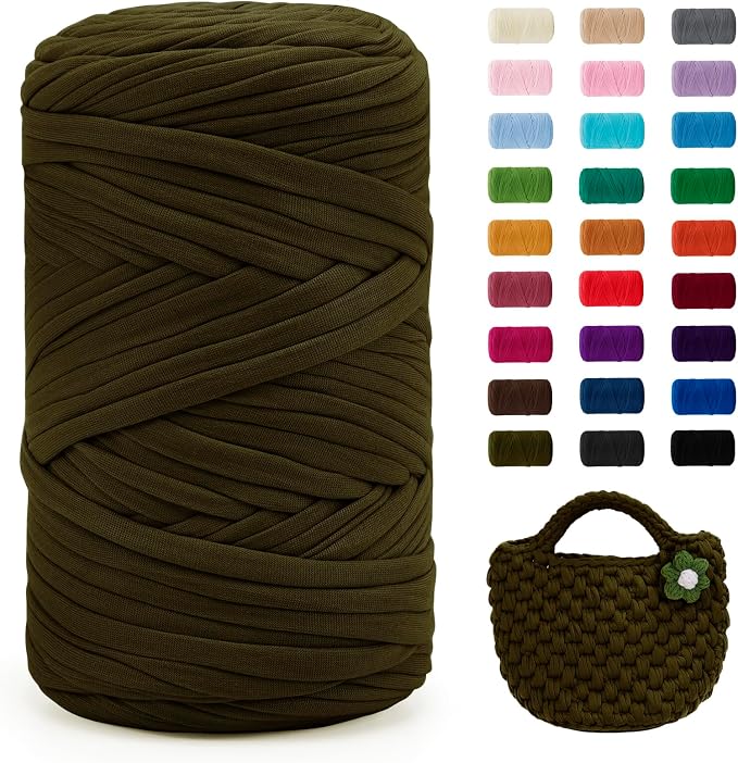 JeogYong T-Shirt Yarn, 400g/131 Yards Elastic Fabric Crochet Cloth T Shirt Yarn, Thick Hand Knitting Polyester Fabric Ribbon for Crocheting Bags/Baskets/Rugs, Home Decor, DIY Crafts (Brown Green)