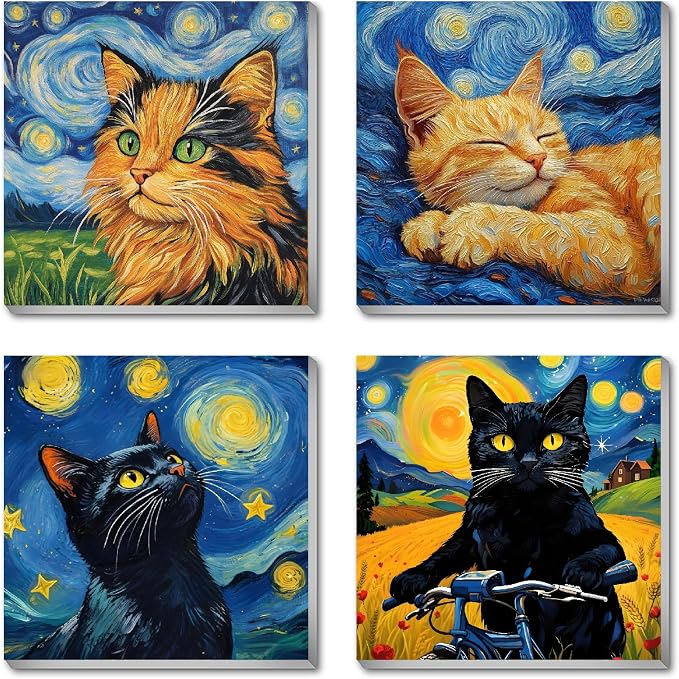Canrichshop 4 Packs Black Cat Paint by Number Kit for Beginner with Frame,Paint by Numbers Kits on Canvas, DIY Number Painting for Adults for Decor 8X 8 inch