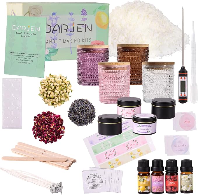 DARJEN Candle Making Kit for Adult, 4 Jars & 4 Tins Soy Wax Scented DIY Set | 100% Soy Wax, 10oz Glass Jars, 4oz Tins, Cotton Wicks, Pleasant Scents, Instruction& More- Perfect as Home Decorations