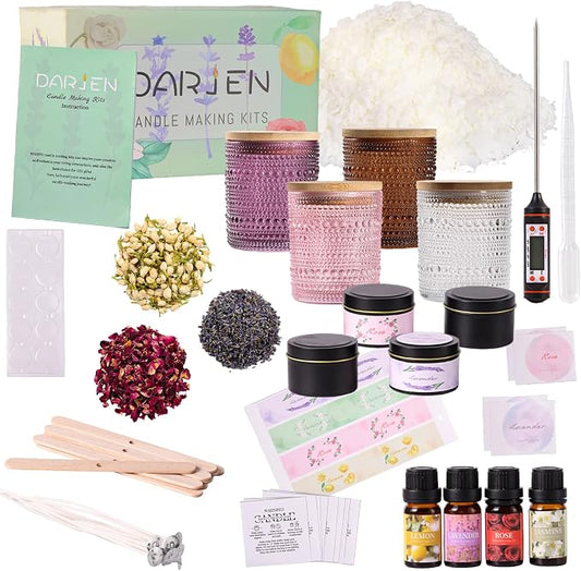 DARJEN Candle Making Kit for Adult, 4 Jars & 4 Tins Soy Wax Scented DIY Set | 100% Soy Wax, 10oz Glass Jars, 4oz Tins, Cotton Wicks, Pleasant Scents, Instruction& More- Perfect as Home Decorations