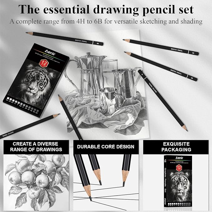 Aenir Drawing Pencils for Sketching, Set of 12 Sketch Pencils, 6B-4H | Art Supplies for Beginners & Artists: Art Pencils for Sketching Projects, Graphite Pencils for Drawing and Shading
