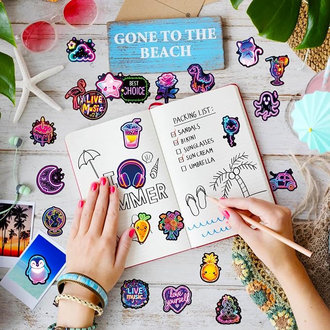 Water Bottle Stickers 200 Pcs Cute Cool Neon Sticker Packs, Classroom Rewards Prizes for Kids, Waterproof Vinyl Stickers for Water Bottles Laptop Scrapbooking Skateboard Journal Guitar Suitcase etc