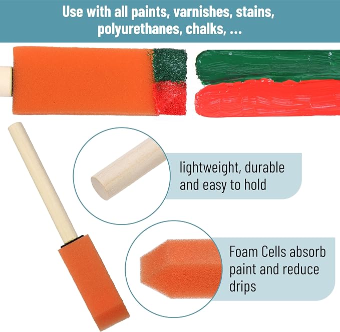 Bates- Foam Paint Brushes with Wood Handle, 1 Inch, 26 Pack, Orange, Sponge Brushes for Painting, Sponge Paint Brush