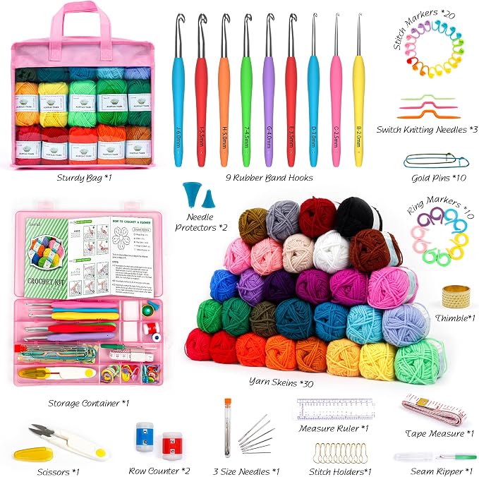 Crochet Yarn Kit for Beginners Adults and Kids, Includes 1650 Yards 30 Colors Acrylic Skeins, User Manual, Hooks, Pink Bag etc, Make Amigurumi & Crocheting Projects, Starter Set for Professionals