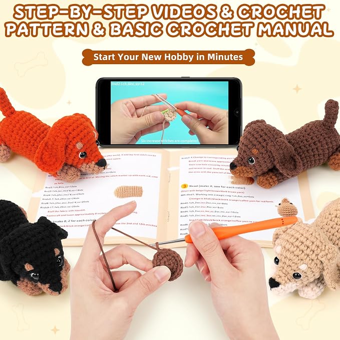 Crochet Kit for Beginners Adults, 4 PCS Dachshund Puppy Crochet Kits