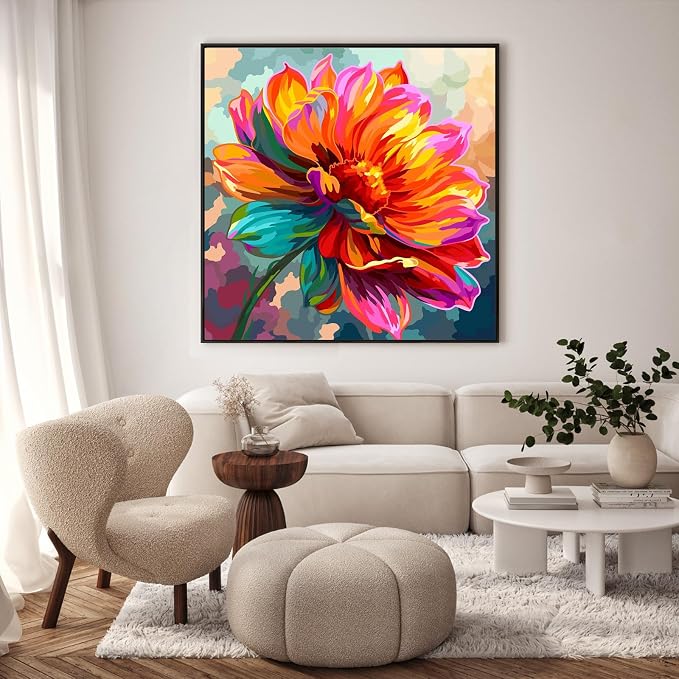 Framed Paint by Numbers Kit for Adults, Colorful Flower, 10 x 10 Inch | DIY Adult Paint by Number Kit for Beginners, Floral Wall Decor, Stress Relief Craft Gift, Creative Hobby