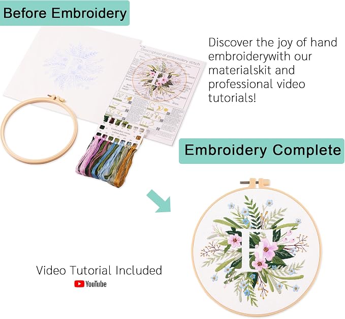 Harimau Letter F Pattern Embroidery Kit for Adult Beginners, Complete Starter Pack with 1 Hoop, Needles, Instruction Guide & Embroidery Stitch Video Tutorials