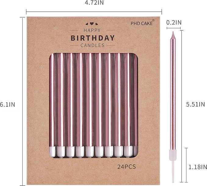 PHD CAKE Rose Gold Long Thin Metallic Birthday Candles, Cake Candles, Birthday Parties, Wedding Decorations, Party Candles
