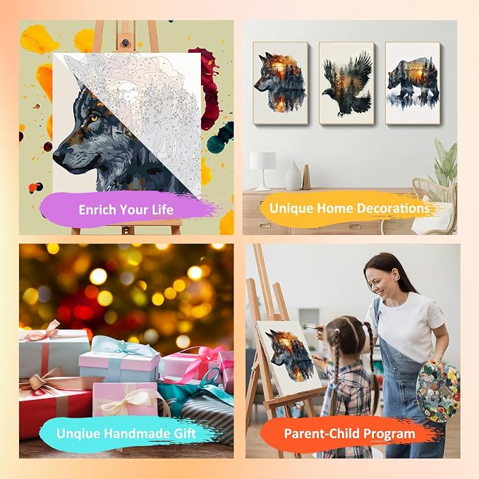 Mandun Animal Paint by Numbers Kit for Adults, 3 Pack, 7.8x11.8 inch | DIY Painting Kits Crafts for Adults, Relieve Stress, Frame Canvas, Wooden Easel, Gift Box, Home Wall Decor