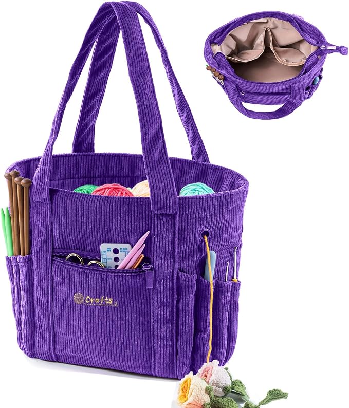 MYBAGZING Crochet Bag and Tote - Corduroy Yarn Bag - Yarn Holder for Crocheting - Crochet Storage Bag for Crochet Hooks, Crochet Accessories, Knitting Bag for Crochet Lovers, Mother's Day Gift