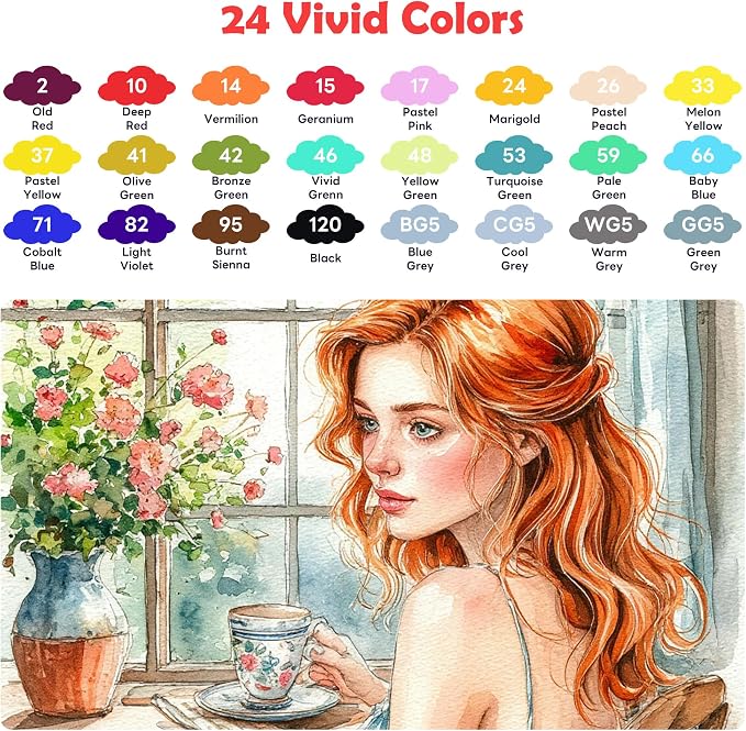 Alcohol Markers Set 24 Colors - Drawing Marker Dual Tips for Adult Coloring | Coloring Books No Bleeding Dual Tip Art Marker - Art Market Set for School Sketching Coloring Alcohol Based Markers with Base