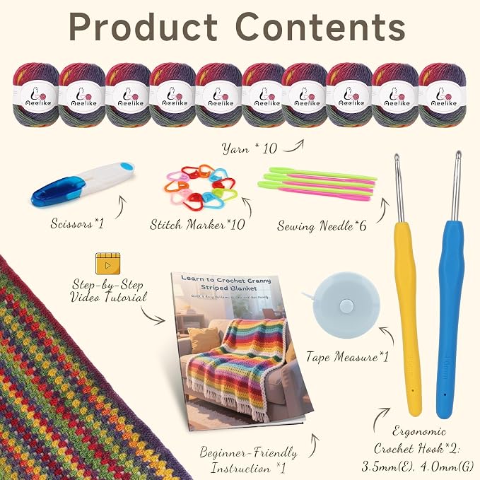 Aeelike Crochet Blanket Kit for Adults,Vedio Tutorial,Wool Yarn 10 Skeins